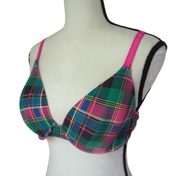 Victoria's Secret Underwire Lined Perfect Coverage Plaid Bra 36C Pink Green - Picture 9 of 16